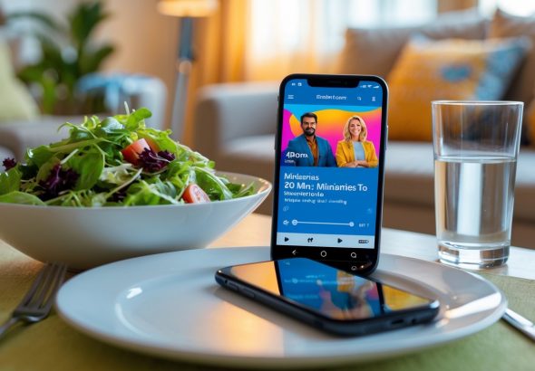 Mesa de comedor con comida y un teléfono mostrando una miniserie pausada, en un ambiente acogedor.
