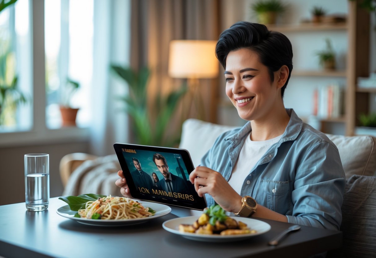 Persona disfrutando de una comida mientras mira una miniserie en una tablet en una sala acogedora.