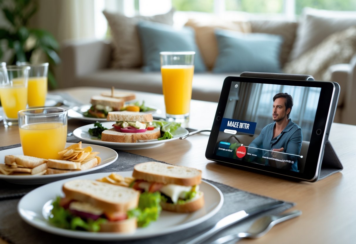 Mesa con comida ligera y un dispositivo mostrando una miniserie, en una sala iluminada y acogedora.