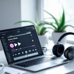 Un espacio de trabajo ordenado con una laptop, auriculares, una planta pequeña y una taza de café, iluminado por luz natural.