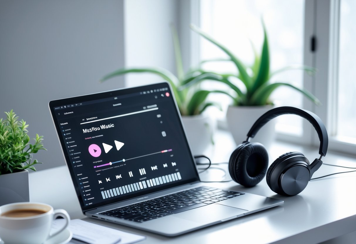 Un espacio de trabajo ordenado con una laptop, auriculares, una planta pequeña y una taza de café, iluminado por luz natural.