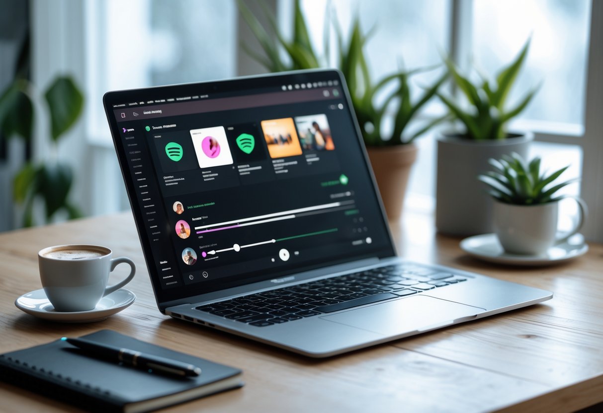 Espacio de trabajo moderno con una laptop mostrando una lista de reproducción de música, una taza de café, un cuaderno y plantas, iluminado con luz natural.