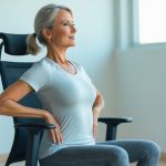 Mujer sentada en una silla realizando un estiramiento para evitar el dolor de espalda.