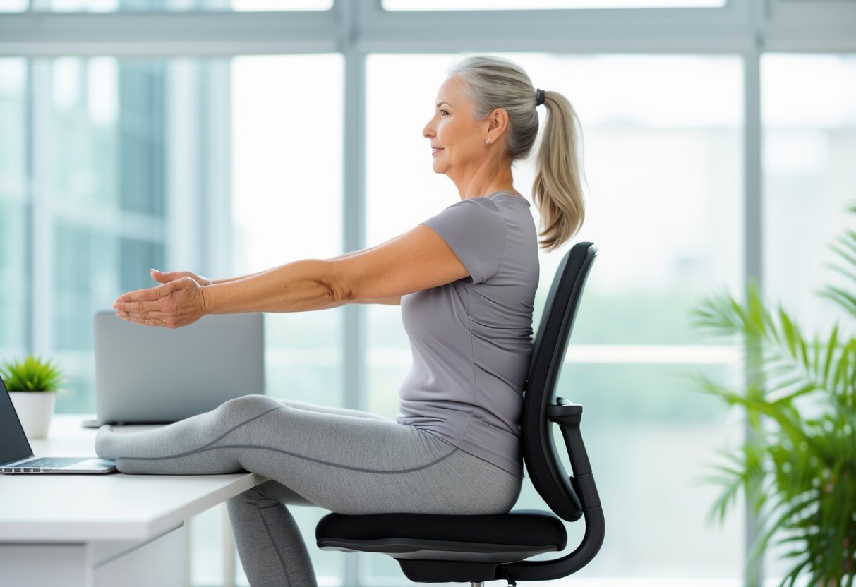 Mujer realizando ejercicios de estiramiento en una silla en una oficina luminosa.