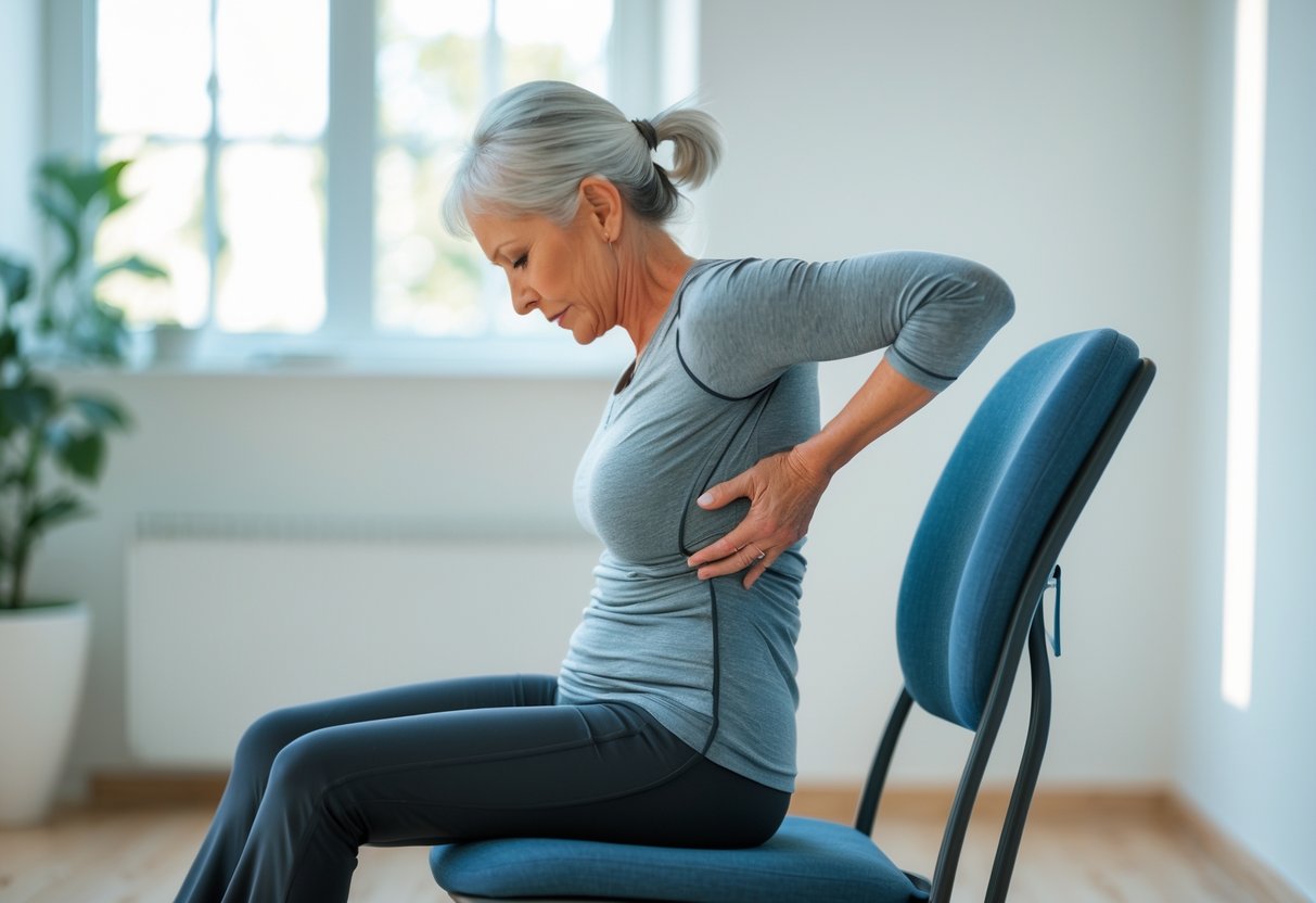 Mujer realizando ejercicios de estiramiento en una silla para aliviar el dolor de espalda en un ambiente interior iluminado.