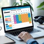 Espacio de trabajo moderno con una laptop mostrando una aplicación de calendario, taza de café, teléfono, cuaderno y auriculares sobre un escritorio ordenado junto a plantas y luz natural.