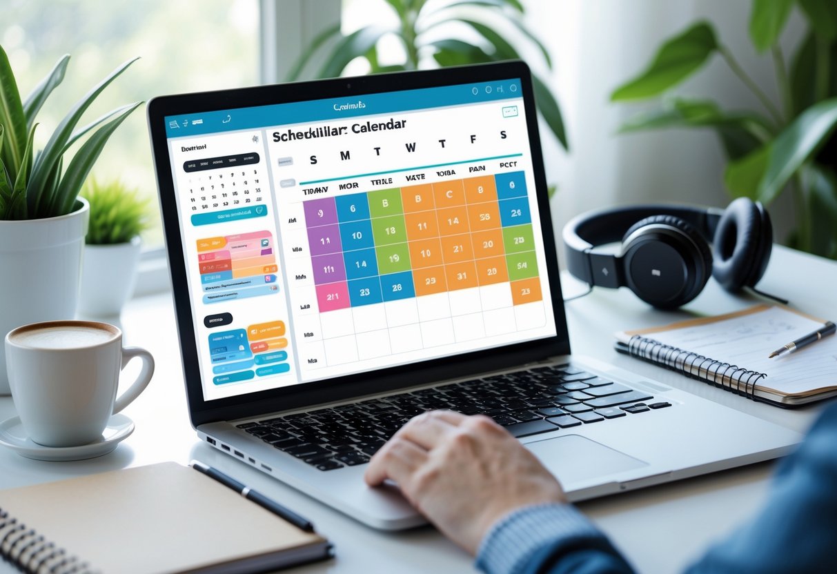 Espacio de trabajo moderno con una laptop mostrando una aplicación de calendario, taza de café, teléfono, cuaderno y auriculares sobre un escritorio ordenado junto a plantas y luz natural.