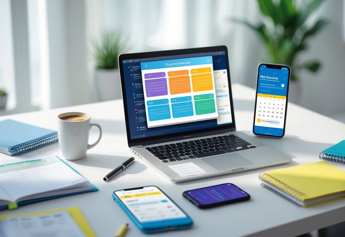 Espacio de trabajo moderno con una laptop y un teléfono mostrando aplicaciones de planificación, junto a cuadernos y una taza de café.