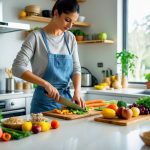 Una persona preparando una comida saludable en una cocina moderna y luminosa con ingredientes frescos sobre la encimera.
