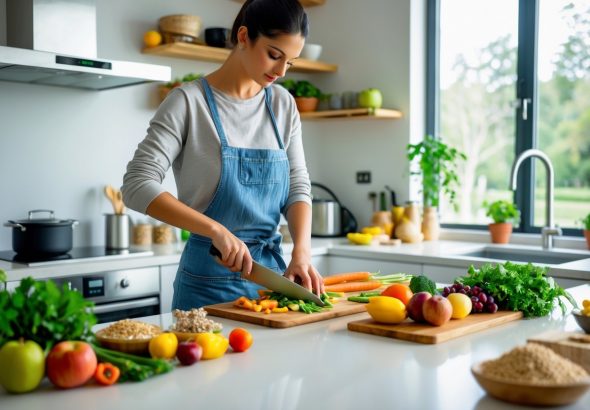 Una persona preparando una comida saludable en una cocina moderna y luminosa con ingredientes frescos sobre la encimera.