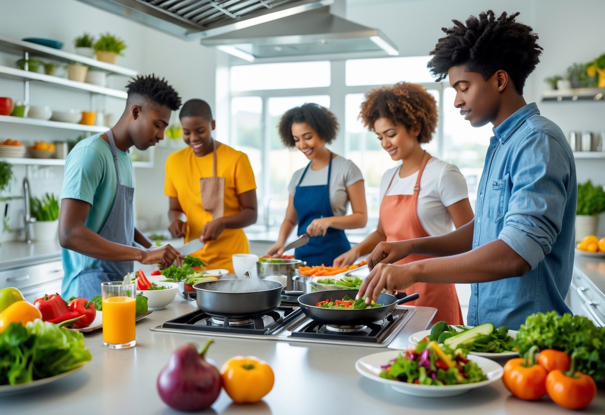 Personas jóvenes cocinando juntas en una cocina moderna, preparando comidas rápidas y saludables.