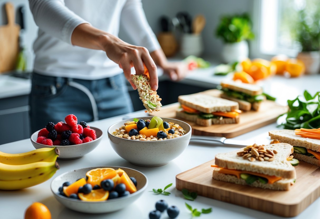 Persona en una cocina moderna con comidas rápidas y nutritivas, rodeada de frutas frescas y alimentos saludables.