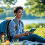 Estudiante joven sentado al aire libre en un parque, leyendo y disfrutando de un momento de descanso rodeado de naturaleza.