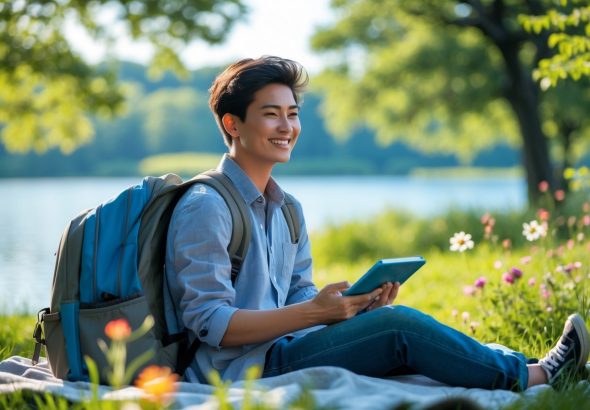 Estudiante joven sentado al aire libre en un parque, leyendo y disfrutando de un momento de descanso rodeado de naturaleza.