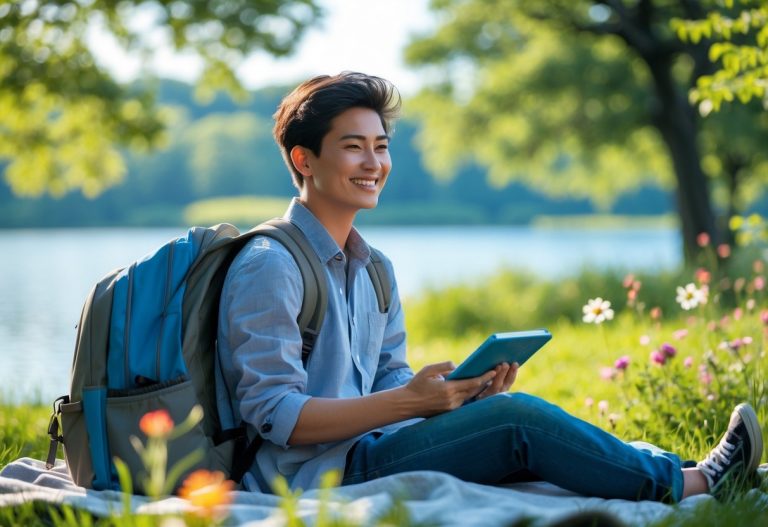 Estudiante joven sentado al aire libre en un parque, leyendo y disfrutando de un momento de descanso rodeado de naturaleza.