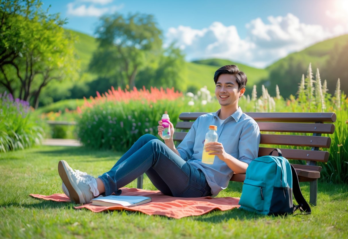 Estudiante joven relajándose en un parque soleado durante una escapada de un día, con una mochila y libros cerca.