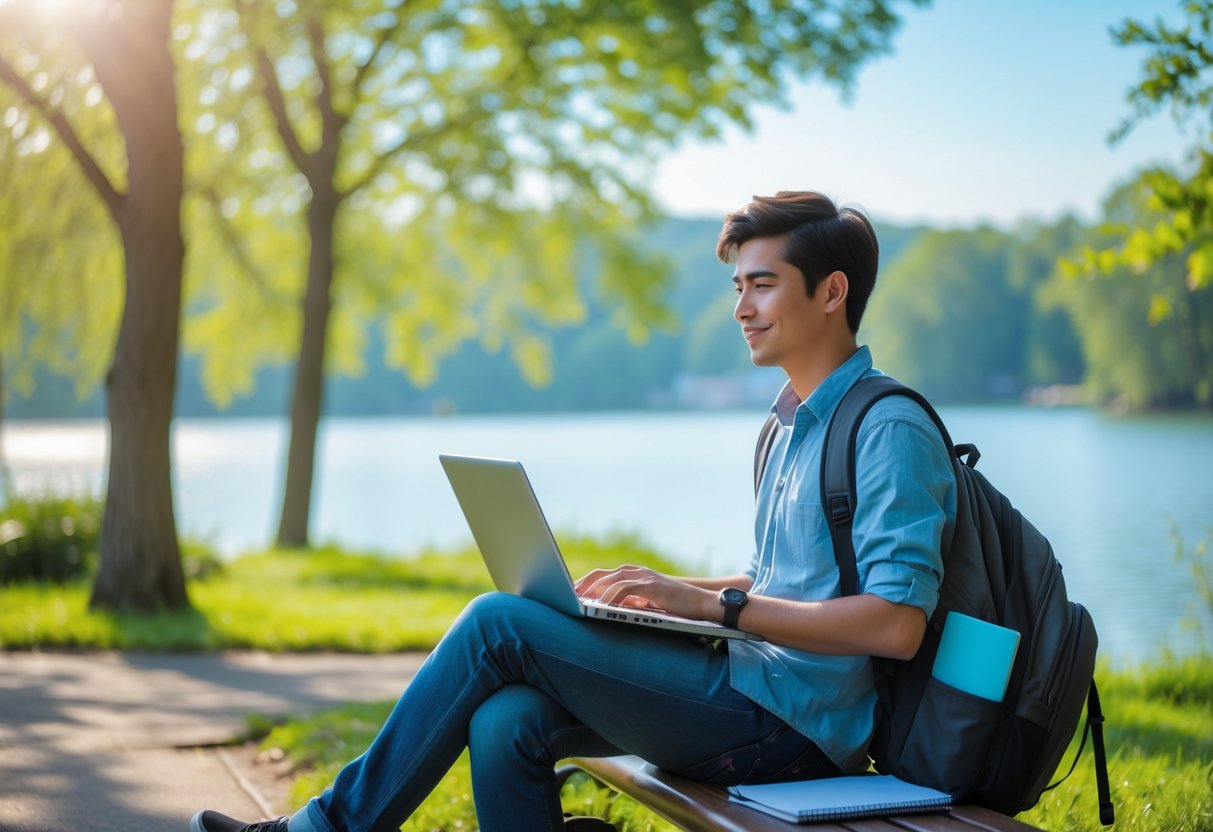 Estudiante joven sentado al aire libre en un parque tranquilo, usando una laptop para estudiar mientras disfruta de la naturaleza.